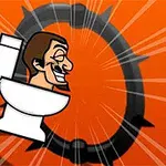 男性の顔がトイレの中にいる様子を描いたイラストで、背景にはオレンジの円形のデザインがあります。