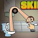 トイレから伸びた長い首と顔が指を追いかけるイラスト。