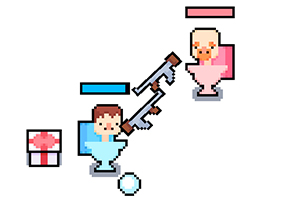 青い椅子に座るキャラクターとピンク色の椅子に座るキャラクターが銃を向け合っているシーン。