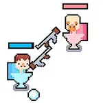 青い椅子に座るキャラクターとピンク色の椅子に座るキャラクターが銃を向け合っているシーン。