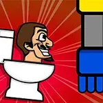 トイレに座っている男性の顔とロボットの手が赤い背景に描かれているイラスト。