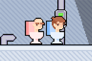 2人のピクセルアートキャラクターが、それぞれトイレに座っている。