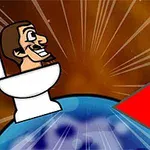 トイレに座る人物が地球の上にいるイラスト。