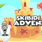 ビーチ傍の大きな砂の城と赤いパラソルの前にトイレに座った男性のキャラクター。
