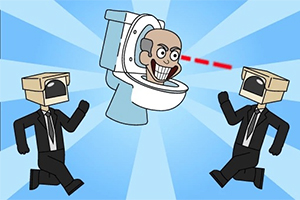 トイレに人の顔があり、箱をかぶったスーツ姿の二人が赤いレーザーを発射しているイラスト。