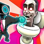 スーツを着たカメラの頭を持つキャラクターが、トイレの中に頭だけがある人物にパンチしている場面。