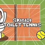 テニスコートにトイレと人の顔が描かれた漫画風のイラスト。