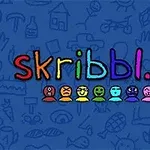 カラフルなタイトル文字と8つの異なる表情のキャラクターが描かれた青い背景の画像。