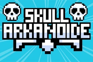 青い背景にドット絵の骸骨2つと「SKULL ARKANOID」というタイトルが描かれている。