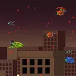 ビルの上空で宇宙船と戦闘機が飛び交い、赤い光が点在している夜のシーン。