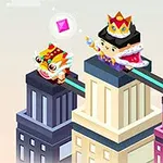 カラフルなブロックで構成されたビルの上に冠をかぶったキャラクターとドラゴンの装飾、そしてピンクの宝石が浮かんでいるイラスト。