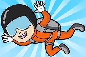 オレンジ色のスーツを着たキャラクターが空を飛んでいるイラスト。