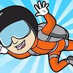 オレンジ色のスーツを着たキャラクターが空を飛んでいるイラスト。