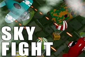 青、緑、赤の飛行機が空を飛びながら弾を発射し、背景に「SKY FIGHT」と書かれている。