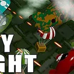 青、緑、赤の飛行機が空を飛びながら弾を発射し、背景に「SKY FIGHT」と書かれている。