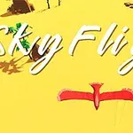 黄色い背景に赤い鳥が飛んでいる様子と「Sky Flight」の文字。