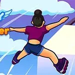 雲を背景に、ローラースケートを履いたキャラクターが空中で広がる様子。