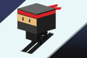 黒い服を着た四角形のキャラクターが、赤いヘッドバンドを付けてスキーをしているイラスト。