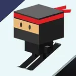 黒い服を着た四角形のキャラクターが、赤いヘッドバンドを付けてスキーをしているイラスト。