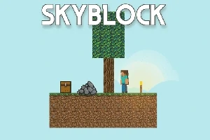 青空の下、草と木が生えた小さな土のブロックに立つキャラクターと宝箱。