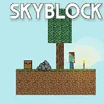 青空の下、草と木が生えた小さな土のブロックに立つキャラクターと宝箱。