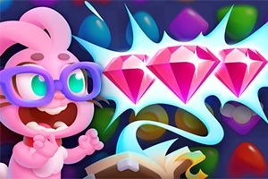 ピンクのキャラクターが眼鏡をかけて笑っており、3つの輝くピンクの宝石が背景に描かれているイラスト。