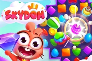 カラフルな宝石やキャンディのグリッドに大きな目のキャラクターと巨大な紫色の宝石。