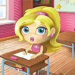 金髪の少女が教室の机に座り、紙に向かって鉛筆を持っている。