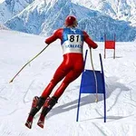 赤いスキースーツを着たスキーヤーが、雪山の中でスラロームポールを通過している。