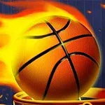 燃え上がるバスケットボールがゴールに向かって飛び込む。
