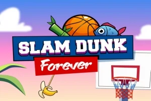 バスケットボールのゴール、魚やバナナと共に「SLAM DUNK Forever」と書かれたカラフルなロゴ。