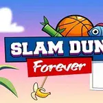 バスケットボールのゴール、魚やバナナと共に「SLAM DUNK Forever」と書かれたカラフルなロゴ。
