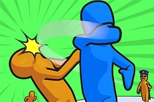 青いキャラクターがオレンジのキャラクターをパンチしているイラスト。
