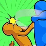 青いキャラクターがオレンジのキャラクターをパンチしているイラスト。