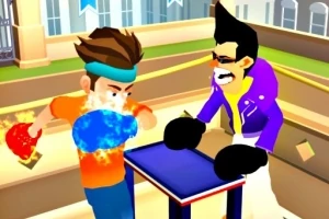 二人のキャラクターが小さなテーブルを挟んで向かい合い、片方のキャラクターが腕を振りかぶっている。