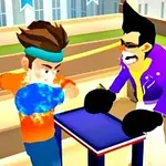 二人のキャラクターが小さなテーブルを挟んで向かい合い、片方のキャラクターが腕を振りかぶっている。