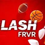 赤い背景にフットボール、バスケットボール、羽根、シャトルが配置され、「SLASH FRVR」という文字が中央に書かれています。