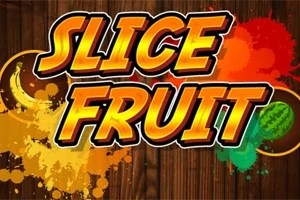 カラフルな果物のスプラッシュを背景に、力強いフォントで「SLICE FRUIT」と書かれたグラフィック。