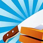 青と白の放射状の背景の前で、ナイフがオレンジ色の立方体を切っているイラスト。