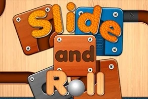 木目調の背景にパズルピースと似た四角いブロックと「Slide and Roll」の文字が配置されている。