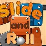木目調の背景にパズルピースと似た四角いブロックと「Slide and Roll」の文字が配置されている。