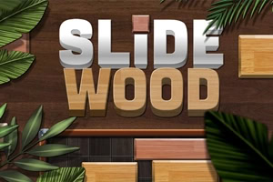 木目の背景に「SLIDE WOOD」と大きく書かれ、周囲に葉や木製ブロックが配置されたデザイン。