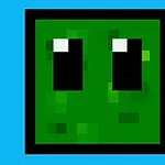青い背景に緑色のピクセル調のキャラクターの顔が描かれ、黒いフレームで囲まれています。
