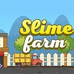 かわいいスライムキャラクターがいる農場の前に指が指し示され、背景にはトラックと山々が描かれたイラスト。