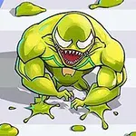 筋肉質の黄緑色のクリーチャーがシャープな歯を見せながら床に座っている。