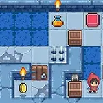 青いタイルの部屋にいる赤いずきんをかぶったキャラクター、周りには宝箱やポーションがある。