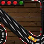 黒いトラック上で競争する黄色と白色のミニカー。