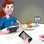 食事中にゲーム機とスマホを使って対峙するカップルのイラスト。