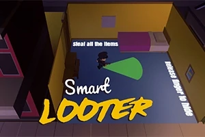 暗い部屋に小さなキャラクターが緑色のライトを持っており、壁には「steal all the items」と「release finger to hide」というテキストがある。