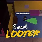 暗い部屋に小さなキャラクターが緑色のライトを持っており、壁には「steal all the items」と「release finger to hide」というテキストがある。